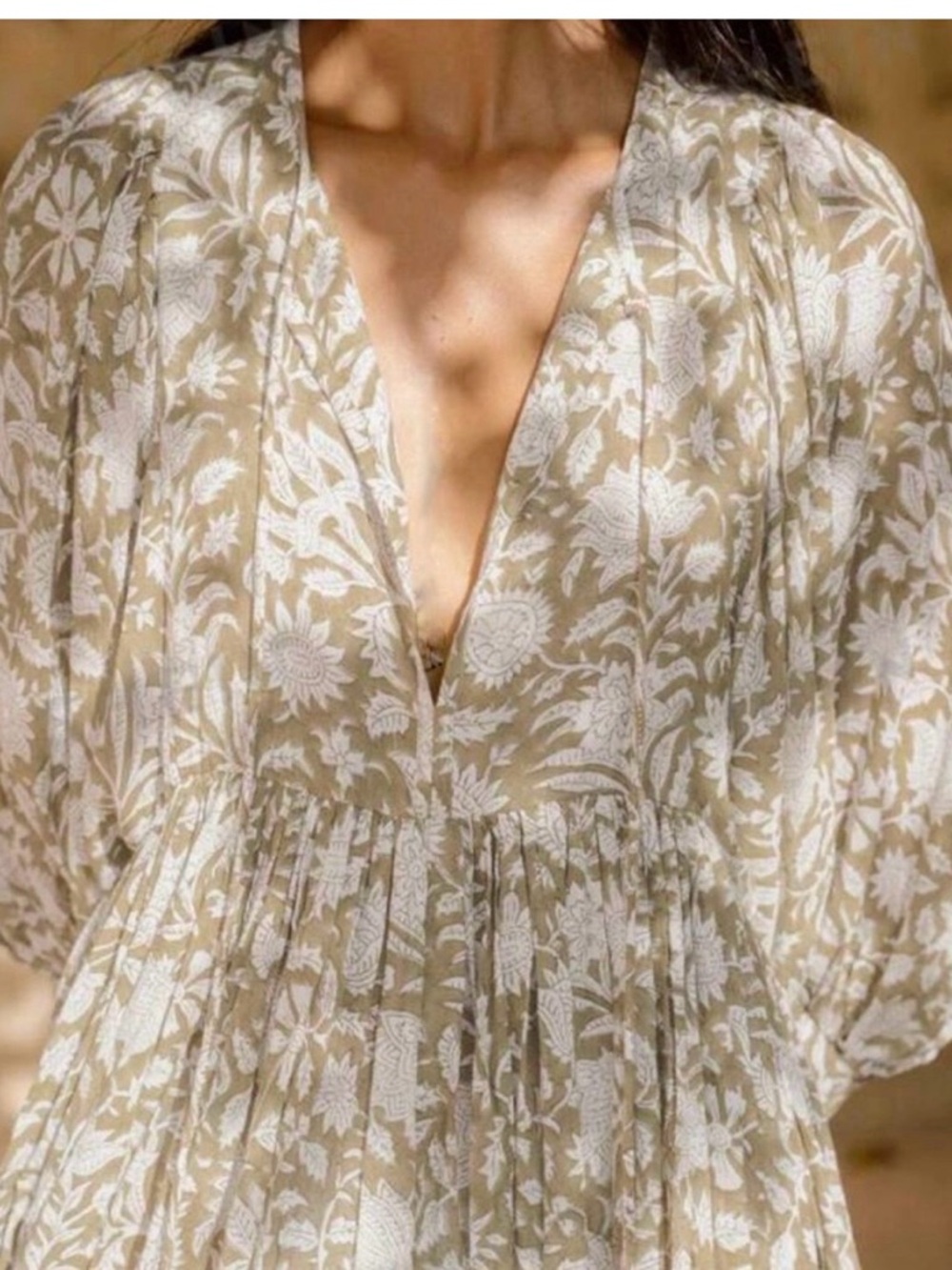 Daughters of India Beige and White Floral V-Neck Tunic
